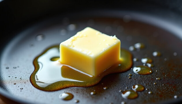 Piece of butter in shape of parallelepiped began to melt in hot frying pan with dark non-stick surface. Minimalist food art, geometric shape, melting process, clear composition (top to bottom).