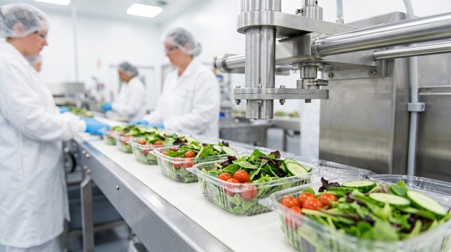 Workers in sterile environment packing fresh salads on automated conveyor belt
