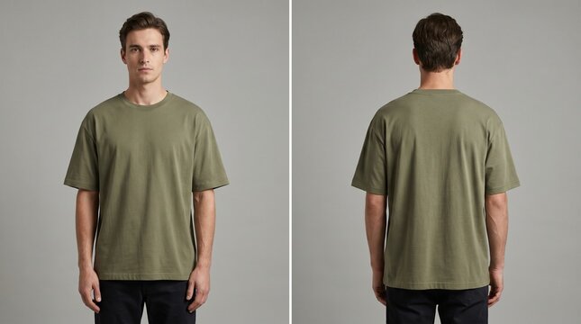 Man models olive green t-shirt front and back view