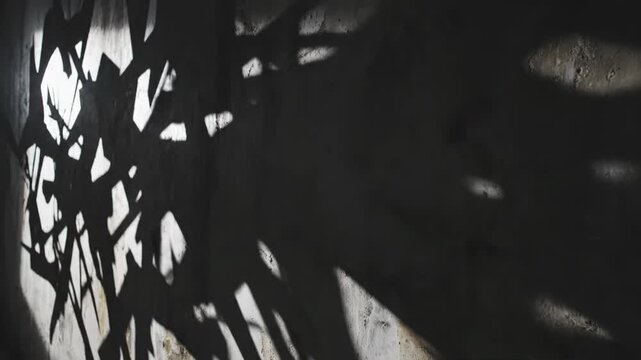 Complex layered shadows of abstract shapes and foliage cast on a rough, textured concrete wall surface, creating a chaotic and moody pattern of dark silhouettes and light.