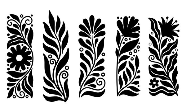Elegant set of five black silhouette floral folk art borders decorating projects with high contrast leaves and blooms.
