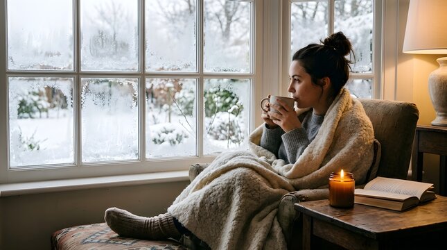 A woman wrapped in a blanket sips from a mug by a frosted window enjoying a warm beverage and quiet moment indoors as winter weather appears outside creating a cozy atmosphere