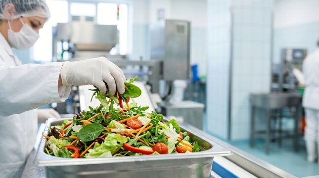 Food service worker in protective gear prepares a fresh salad in a commercial kitchen