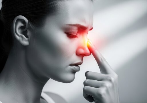 Woman touching nose with red sinus irritation