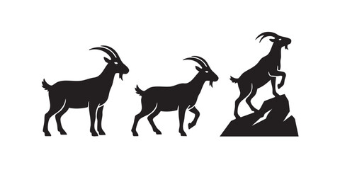 Fototapeta premium Black Silhouette Vector Set of Mountain Goats and Wildlife