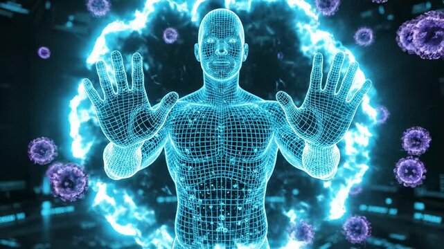 Digital human figure with outstretched hands surrounded by floating virus particles in a futuristic environment, illustrating immune response and protection against pathogens