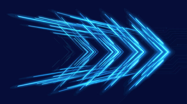 Glowing blue neon arrow lines moving in futuristic technology background with dark blue