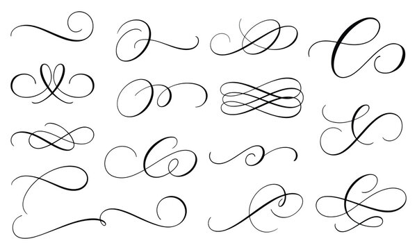 Elegant set of black calligraphic flourishes and swirls hand-drawn on clean white background for luxury wedding design assets.