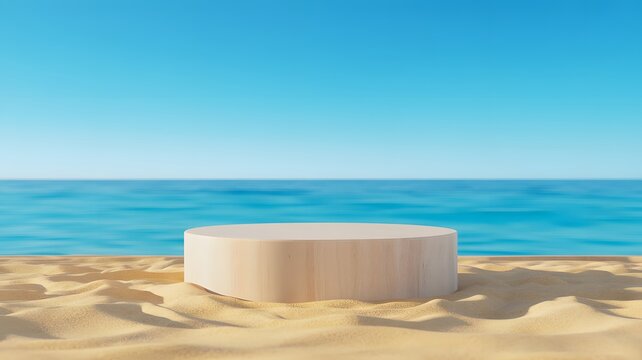 Wooden podium on sandy beach with blue ocean and sky background, product display pedestal