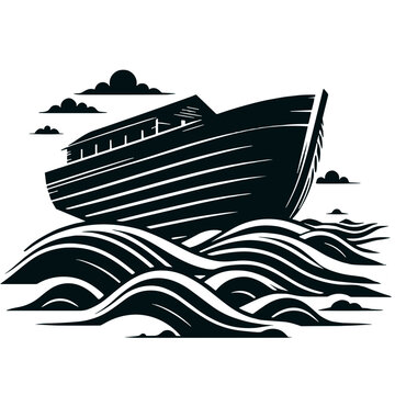 Noah's Ark on Stormy Sea Waves. Biblical Flood Concept, Black Linocut Style Vector Illustration. Crisis Management, Survival, Hope and Safety Business Metaphor.