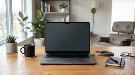 Fototapeta premium Laptop sits on wooden desk with coffee cup and glasses nearby indoors