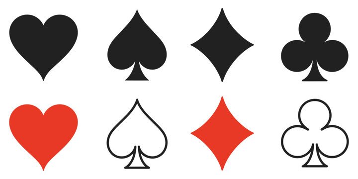 Hearts and Spades Diamonds and Clubs Card Vector Set Black Playing Cards Icon 4 Card Suits Symbol Showing Classic Gambling Design