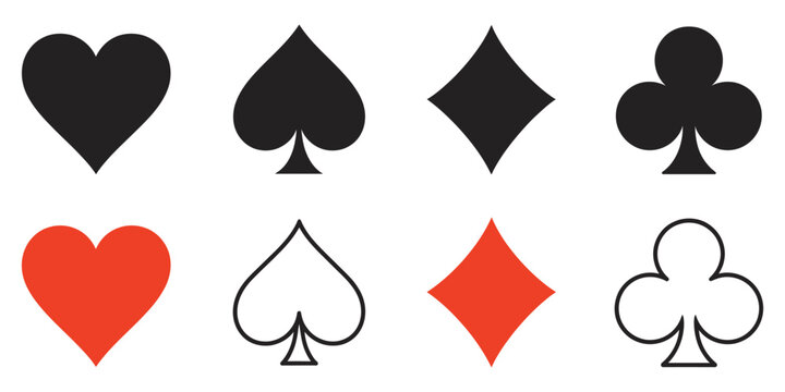 Hearts and Spades Diamonds and Clubs Card Vector Set Black Playing Cards Icon 4 Card Suits Symbol Collection for Game Design