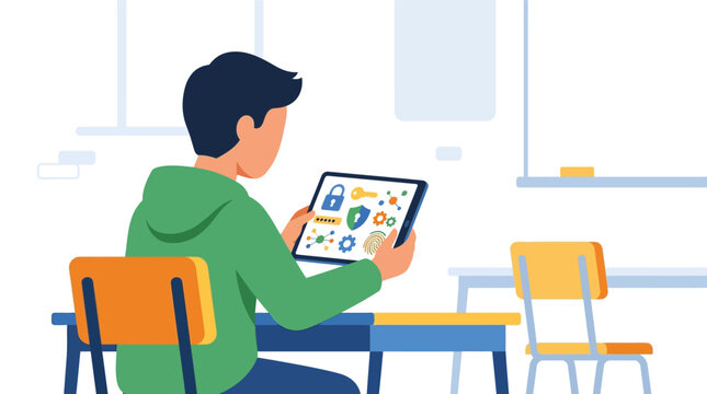 Flat faceless illustration of a student in a green hoodie sitting at a classroom desk, using a tablet displaying cybersecurity icons such as a lock, shield, and fingerprint for data protection.