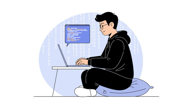Programmer coding on laptop, surrounded by binary code, modern flat illustration style
