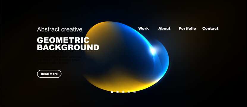 Dark website mockup features abstract shapes, text, navigation menu. Modern design emphasizes geometric elements, vibrant colors.
