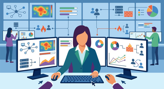 Vector illustration of a female cyber analyst monitoring data on multiple screens in a security operations center with charts, network diagrams, and firewall icons.