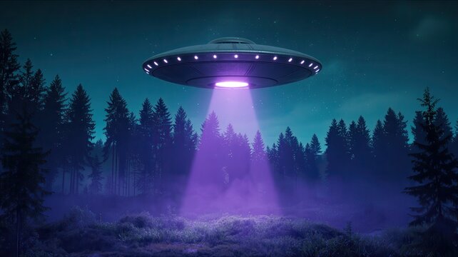 UFO flying saucer hovering over a dark forest at night with a purple light beam