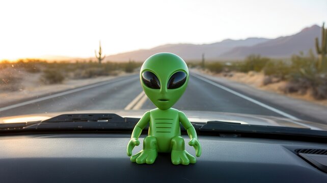 Green alien figurine on car dashboard with desert road and mountain background at sunset.
