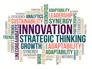 Fototapeta premium Colorful word cloud illustration of business concepts including innovation and strategic thinking