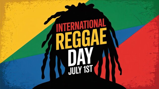 International Reggae Day poster with silhouette of person with dreadlocks on grunge background