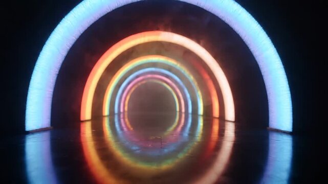 Colorful illuminated tunnel with vibrant neon arches reflecting on wet floor, creating a mesmerizing visual experience in a darkened environment