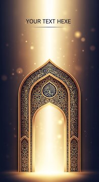Ornate Islamic Arch Glowing with Golden Light in Dark Decorative Background