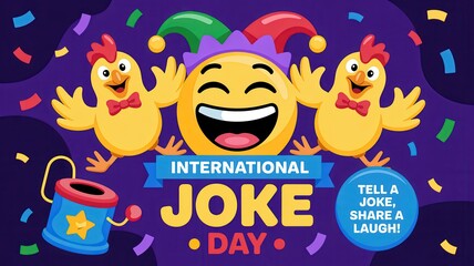 Fototapeta premium International Joke Day cartoon illustration with laughing emoji, funny chickens, and colorful confetti