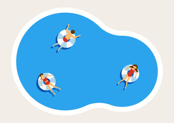 プールで浮き輪で浮かぶ3人のイラスト © junechild
