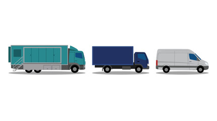 Fototapeta premium Three trucks of different sizes are parked side by side on a road