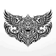 Fototapeta premium Polynesian Tribal Tattoo Design with Warrior Mask and Eagle Wings Vector