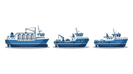 Fototapeta premium Three blue fishing boats sail across calm waters side by side