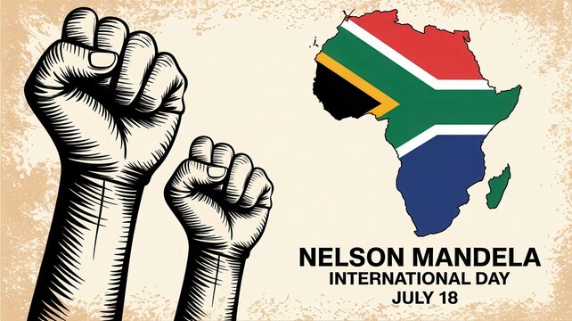 Vintage poster for Nelson Mandela International Day with etched raised fists and Africa map