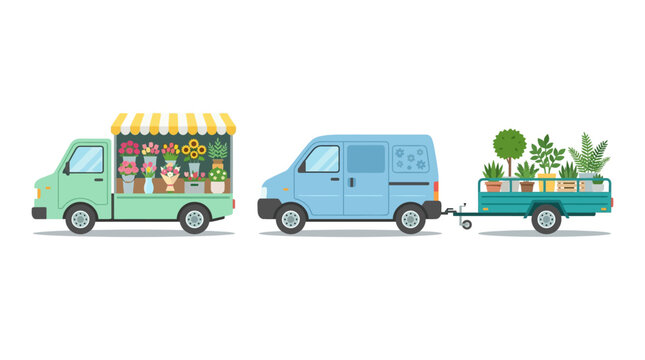 An image of a food truck and a van towing a trailer filled with plants and goods.