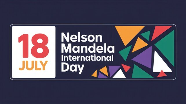 Nelson Mandela International Day July 18th graphic banner with colorful geometric triangles on a dark background.