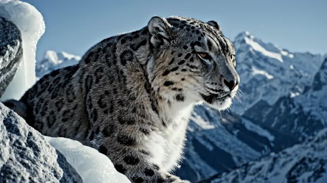 Close-up of a snow leopard (Panthera uncia) with thick fur and amber eyes resting on a snowy rocky ledge with a blurred high-altitude mountain range in the background.