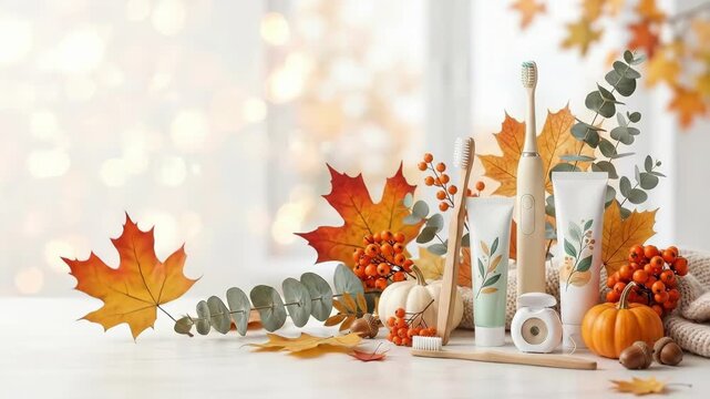 Flat lay of toothbrushes toothpaste tubes and dental floss with autumn leaves pumpkins berries and nuts on white table. Seasonal oral hygiene concept in cozy fall setting with eucalyptus branches and