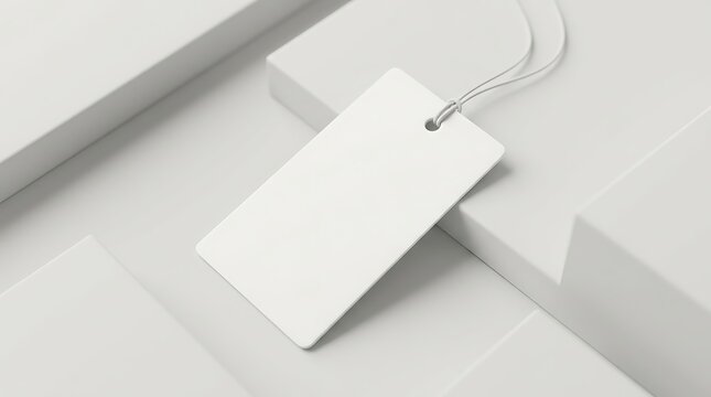 Blank white rectangular tag mockup with string lying on geometric surface for branding design and product packaging