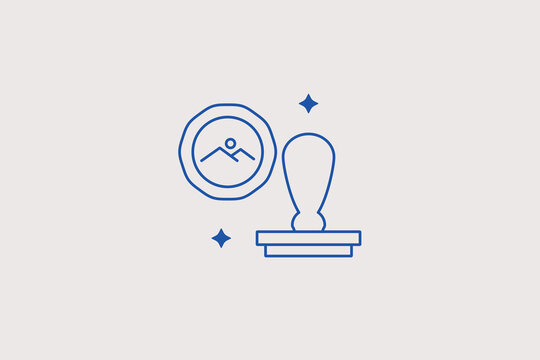 Classic wooden handle ink stamp tool near round picture frame line icon for corporate authority document validation apps. Professional vector illustration for legal notary certificate checklists.