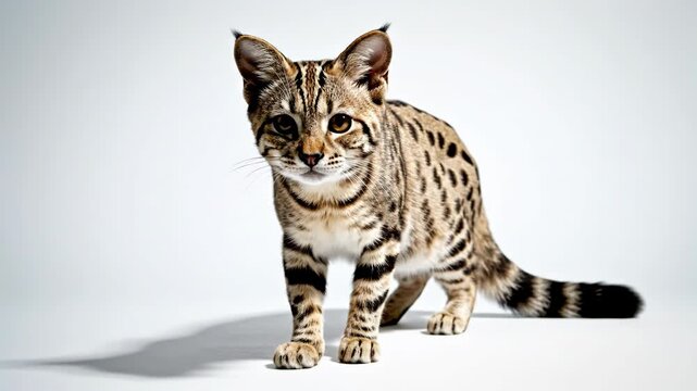 Full-body profile of a common genet standing against a solid white background, showing detailed black spots on a tan coat, large ears, and a long ringed tail with a soft shadow.