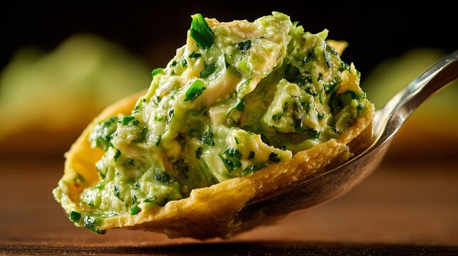 A macro shot of guacamole being spooned into a taco shell, showing creamy texture and natural green tones under soft lighting
