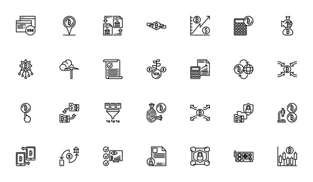 Cryptocurrency icon set. Minimal vector icons pack. Includes Bitcoin, blockchain, decentralized, encryption, mining, wallet, ledger, peer-to-peer, cash, coin, and more. Editable stroke.