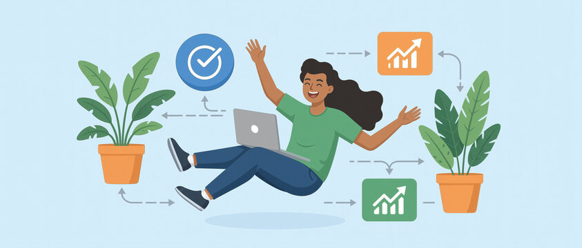 emotion happiness expression concept. A cheerful woman celebrates success using a laptop surrounded by growth charts and flourishing plants.