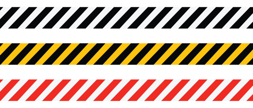 Set of seamless warning and hazard caution tapes isolated on a white background. Features diagonal stripes in black/white, yellow/black, and red/white.