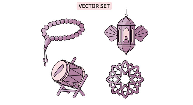 Islamic symbols rosary lantern drum and decorative pattern vector illustration