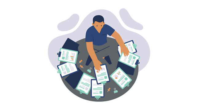 Man Sorting Through Documents and Papers on a Table.