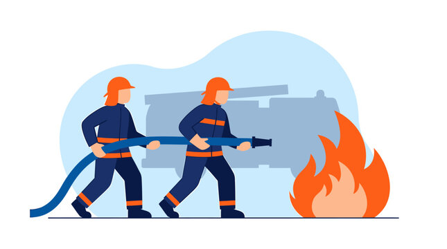 Two brave firefighters extinguishing a fire with a hose, demonstrating teamwork and emergency response.