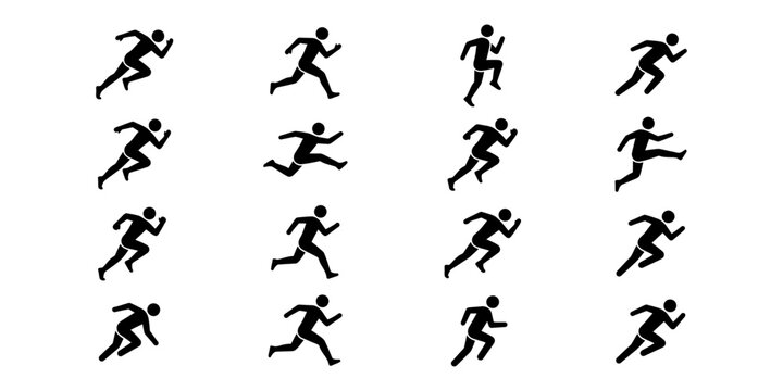 Running Man Silhouettes Set with Active Stick Figures Sprinting Jumping and Hurdling Athletes Collection