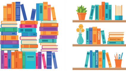 Colorful book stack and wooden shelves vector illustration set with literature marketing textbooks plants flowers and stationary elements