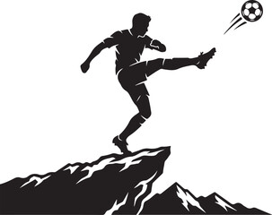 Fototapeta premium Silhouette soccer player kicking ball, mountain landscape, black vector icon, sports illustration